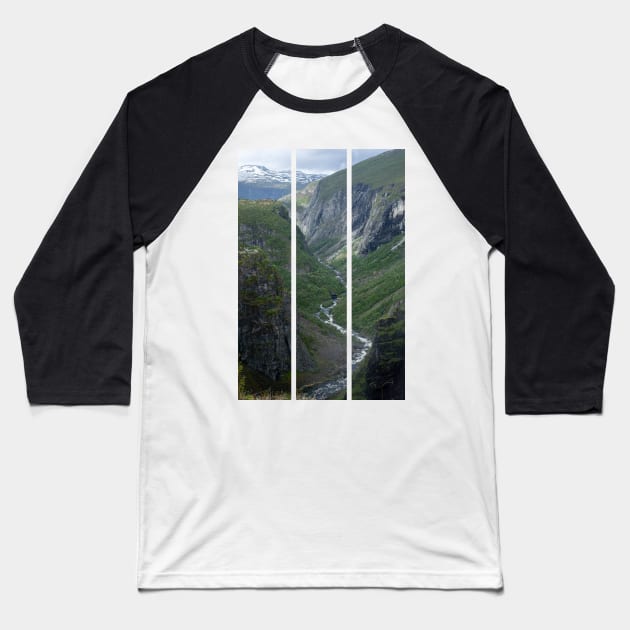 Wonderful landscapes in Norway. Vestland. Beautiful scenery of Voringfossen waterfall in the Mabodalen valley on the Hardanger scenic route. Mountains, trees in background. Cloudy day (vertical) Baseball T-Shirt by fabbroni-art